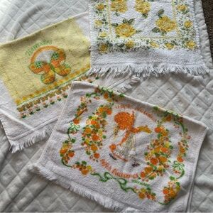 Vintage 1970s yellow retro hand dish towels butterfly flower Cannon Holly fringe